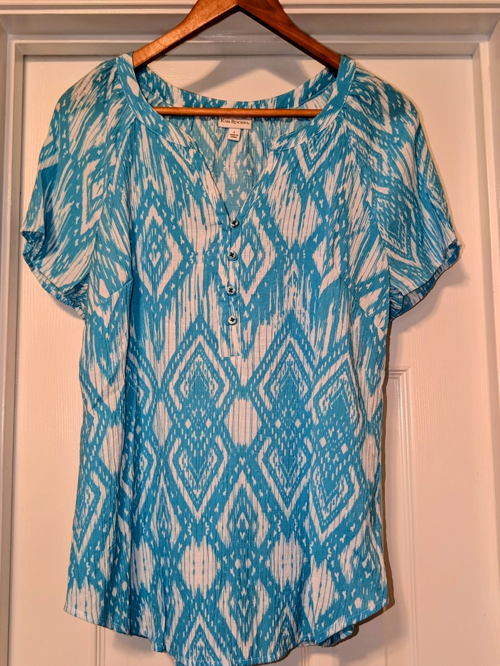 Kim Rogers Turquoise and White Short-Sleeve Henley Ikat Top